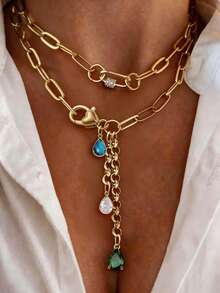1 Stück Halskette mit goldenem Herzanhänger, grünem Diamantanhänger und Edelstahlkette, geeignet für Arbeit, Alltag, Party, Bankett und Ball, einzigartiger und luxuriöser Damenschmuck - Goldgelb - Übersicht 2