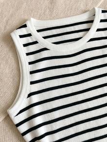 Áo tank top dệt kim kẻ sọc phối màu tương phản, phong cách tối giản thường ngày - Đen và trắng - Xem 4