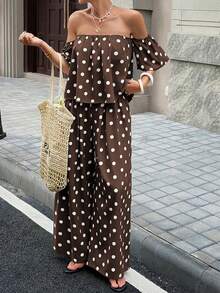 Look Polly 女士夏季弹力单肩设计上衣搭配口袋设计长裤，波点面料性感休闲宽松两件套，适合约会、度假、海滩、旅行、郊游、生日等场合。 - 棕色 - 查看 10