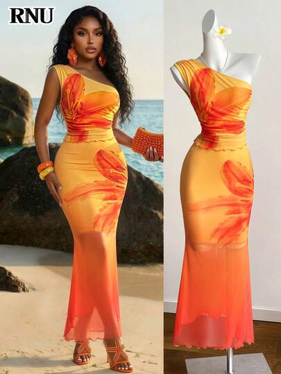 RNU Women's Elegant Asymmetric Neckline Shoulder Two Pieces Set, Suitable For Vacation In Summer. Irregular Gradient Print Pleated Blouse Paired With Long Skirt, Stretchy Fabric, Creating Casual Summer Style, Romantic Elegant Beachside, High-End Multifunctional Vacation Two Pieces Set