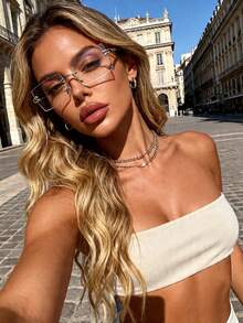 1 pieza Gafas transparentes rectangulares sin montura clásicas para mujer, accesorio para uso diario, oficina y estudio - transparente - Ver 4