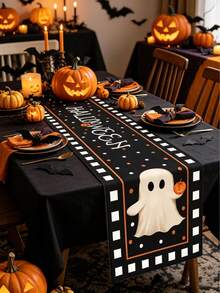 1 pièce Chemin de table fantôme mignon, décoration joyeuse d'Halloween, nappe de table d'Halloween, fournitures pour fête d'Halloween 2026, décoration de table d'Halloween, décoration de maison d'Halloween, décoration d'hiver, décoration de salle à manger et de cuisine d'Halloween, décoration de fête d'Halloween, cadeaux de fête pour rassemblement familial d'Halloween et de Noël, tapis de table imprimé fantôme mignon, décoration de remise des diplômes, Noël, Nouvel An, Jour des Morts - fantôme - Voir 3