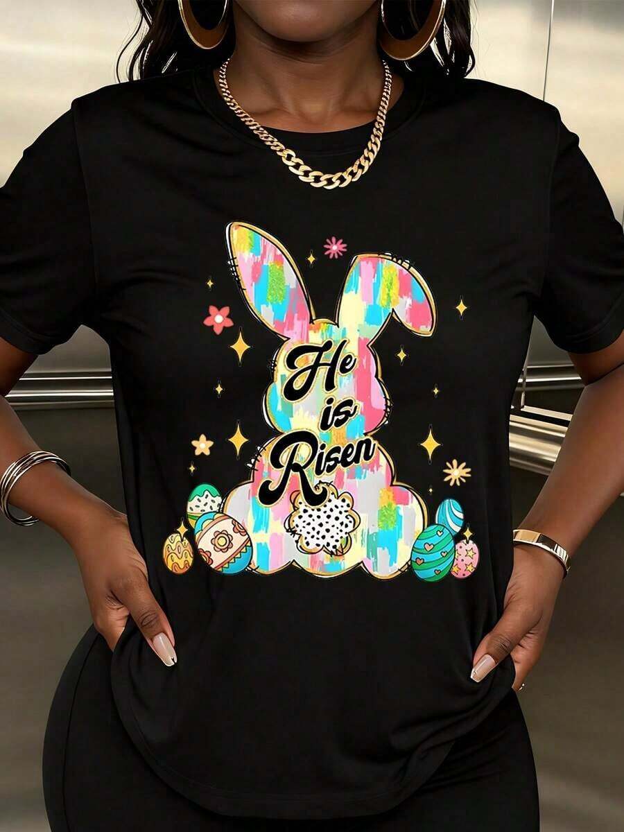 T-Shirt With Colorful Easter Bunny And He Is Risen Text Design For Easter Celebrationsommer - Black - View 1