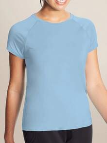 Camiseta deportiva de manga corta de secado rápido para mujer, camiseta deportiva con cuello redondo que absorbe la humedad, para entrenamiento, ejercicio, gimnasio - azul claro - Ver 1