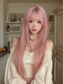 30 Inch Pink Long Layered Straight Wigs For Women - Elegant Wig With Bangs- Dark Roots, Natural Looking Fluffy Very Soft Synthetic Heat Resistant Fiber Full Machine Hair Wig For Girls Daily, Music Festival Party, Cosplay Anime Use, Gift For Friend - 粉色 - 查看 3