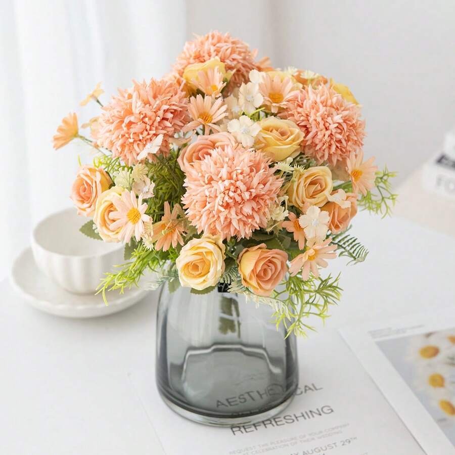 1/3/80件人造玫瑰繡球花牡丹混色花束,新娘花束,婚禮裝飾,DIY花環材料,生日派對裝飾材料,居家餐廳客廳花瓶裝飾,戶外花園秋季裝飾 - 香檳色 - 查看 1
