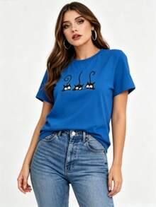 ¡CLICK AQUÍ! Imprescindible Prenda de Moda Camiseta de Manga Corta para Mujer con Estampado de Gatos - Modelo D7P014, Diseño Casual y Divertido para Looks Diarios - Azul - Ver 2