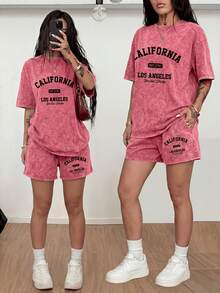 Loose-Fit Print 2pcs Set,Vintage Style T-Shirt+Matching Shorts Set,Y2K Streetwear Women's Clothing-Vacation Outfits Women's Washed Two-Piece Set - 紅色 - 查看 6
