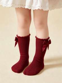 1 Pair Cotton Girls/Toddlers Bow Decor Solid Color Knee High Socks, School Style - Burgundy - View 6