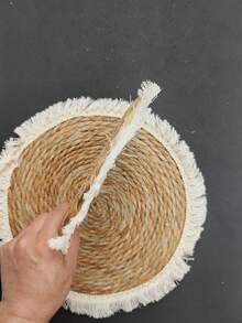 1/4件手工編織香蒲圓形流蘇餐墊，桌面裝飾隔熱墊，波希米亞風廚房裝飾咖啡杯墊 - 薑色 - 查看 8