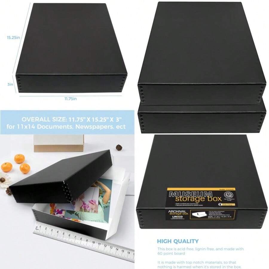 Lineco Caja de almacenamiento de museo negro de 11 x 14 pulgadas diseño frontal caído 11-1/2 x 15 x 3 pulgadas sin ácidos con borde de metal protege la longevidad de las imágenes organizar fotos documentos manualidades bricolaje paquete de 2 - negro - Ver 1