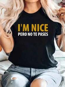 Playera de mujer 100% algodón manga corta cuello redondo gráfico de frase atrevida en tonos dorado y blanco para verano - Negro - Ver 6