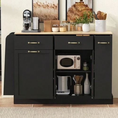 Modern Sideboard With Various Drawers, Buffet Cabinet With Waste Bin Compartment And External Spice Rack For Dining Room, Living Room And Kitchen (Black) - Black - View 1