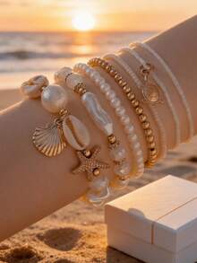 7pcs/Set Seashell, Faux Pearl And Starfish Layered Bracelets, Bohemian Style Stackable Design, Suitable For Girls, Beach Holiday Casual, Casual Shell Pattern, Great Gift - White - View 2