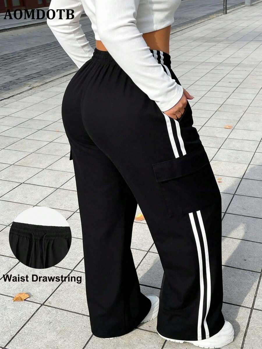 Plus Size Women's Cargo Pants With Side Stripes, Flap Pockets, Drawstring Waist, Elastic Waistband, Comfortable Stretch Fabric, Suitable For Daily Wear And Sports, Straight Leg - Black - View 1