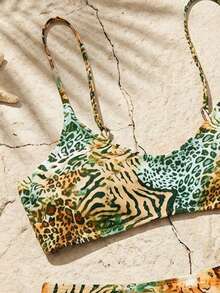 2Pcs Summer Women Colorful Stripe Printed Low Waist Bikini Set Sexy Split Swimwear Retro Striped Pattern Fashion American Coastal Resort Style Soft Elastic Skin Friendly Fabric Slim Alluring Quick Dry Breathable Bathing Suit  Ladies Beachwear Suitable For Seaside Vacation Pool Party Tropical Travel Outdoor Water Sports And Daily Summer Casual Dressing - B - 查看 3