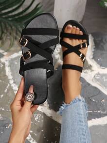 Sandal nữ mùa hè tối giản quai chéo khóa kim loại, quai đơn, đế bằng mềm chống trượt, dép hở mũi đi biển ngoài trời. - màu đen - Xem 1