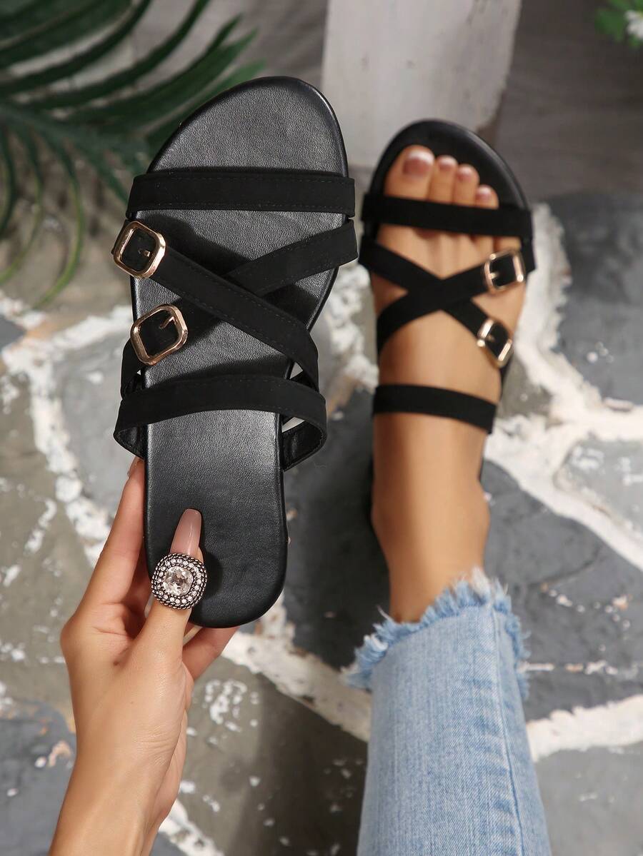 Sandal nữ mùa hè tối giản quai chéo khóa kim loại, quai đơn, đế bằng mềm chống trượt, dép hở mũi đi biển ngoài trời. - màu đen - Xem 1