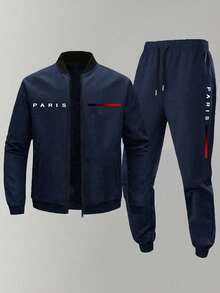 Men's Casual Animal Print Zip-Up Jacket And Drawstring Waist Pockets Sweatpants Set - Blue - View 2