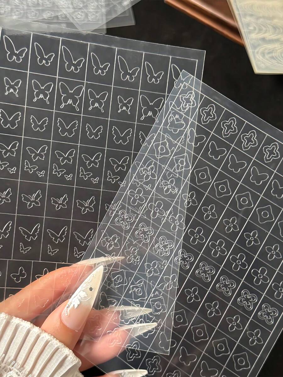 1Sheets 3D Checkered Transparent Spray-Painted Nail Art Accessories Sticker,French Line Heart-Shaped Butterfly Nail Decorations Stickers,Spray-Painted Repeatable PET Nail Stickers For Patting Glue Template