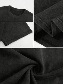 Set de 2 piezas Camiseta de manga corta negra lavada 100% algodón con estampado de cruz y rosa "Anti Social Club" vintage y pantalones cortos con cordón, adecuado para uso en verano, estilo urbano, conjunto de pantalones cortos y camiseta casual - Negro - Ver 6