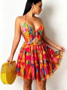 2026 Spring New Women's Clothing  European And American Cross-Border Dress Sexy Hollow Out Halter Neck V-Neck Tiered Dress - 紅色 - 查看 4