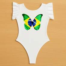 Girls' Butterfly Bodysuit, Brazil World Cup Mini Fan Outfit, Delicate Children's Clothing With Ruffled Sleeves, World Cup Blogger Look - 藍色 - 查看 3