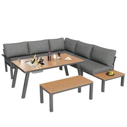 Garden Lounge Set For 6-7 People, Suitable For Garden, Balcony, Terrace, Weatherproof Seating Set, Dining Set, Modern Garden Furniture Set, Galvanized Iron Frame, Tabletop With Ice Bucket.