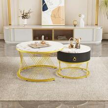 Elegant Modular Coffee Table: Marble Look, Gold Decor, Side Table With Drawers – Set Of 2 - 白色 - 查看 1