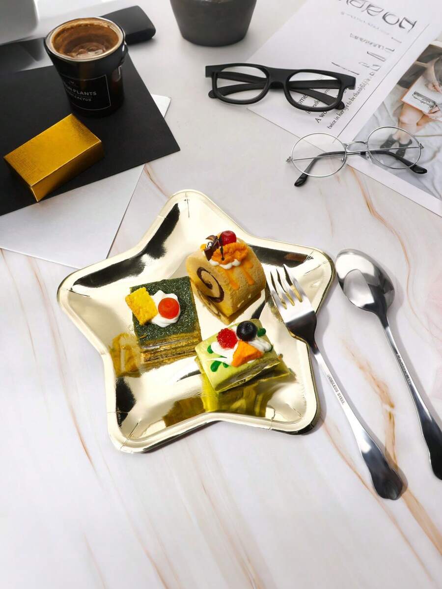 20/10/1件 9英寸 金银色加厚星形纸盘 一次性派对餐盘 五角星餐具装饰 毕业典礼 独立日 婚礼 生日 婴儿派对 - 查看 1