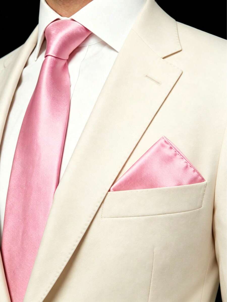 1 Set Men's Solid Color 8cm Tie And Pocket Square Set, Satin Tie And Handkerchief Set, Business Tie And Pocket Square - Watermelon Pink - View 1
