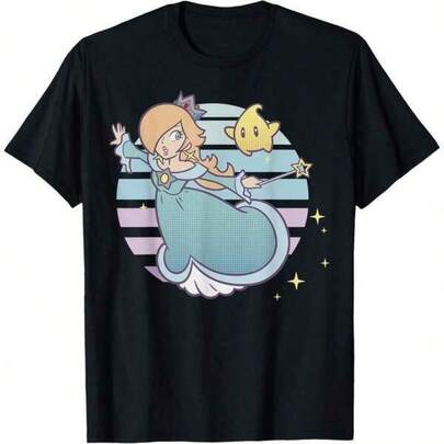Supers Marios Rosalina And Luma Striped Background Portrait T-Shirt,Spring,Summer Outfits,Spring Outfits,Black Top,Black Tops,Summer,Tops For Women,T Shirts For Women 100% Cotton Black T Shirt Unisex