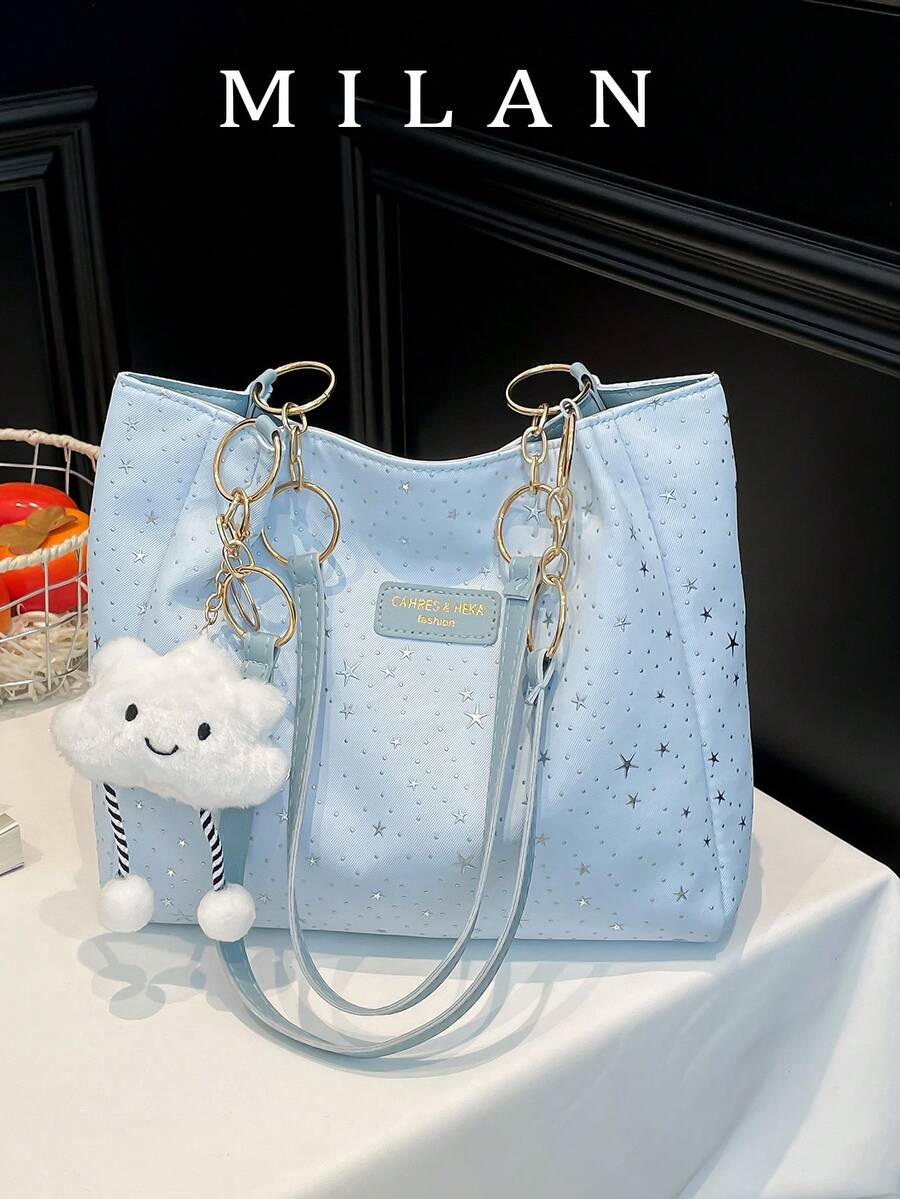Fashion Star Handbag - Women's Large Capacity Shoulder Bag - Zipper Tote Bag For Daily Use, Metal Chain Strap Tote Bag, Waterproof Nylon Material Colorful Butterfly Pattern, Back To School Student Backpack