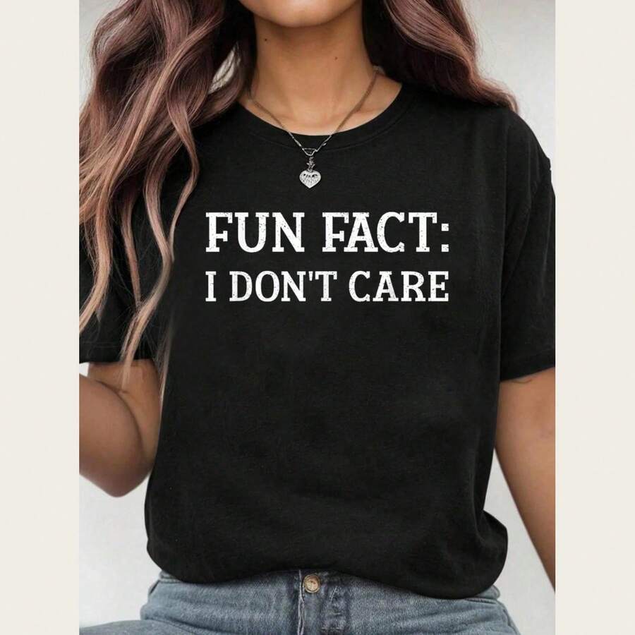 100 Cotton FUN FACT I DONT CARE Funny Funny Spring Humor Men Women T-Shirt Womens Mens Graphic Tee Casual Tops - 黑色 - 查看 1
