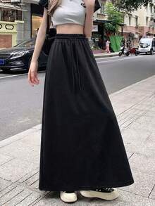 Rok Panjang Kasual Wanita Warna Polos, Pinggang Tinggi, Tali Serut Longgar, Warna Hitam, Musim Semi/Panas - Hitam - View 5