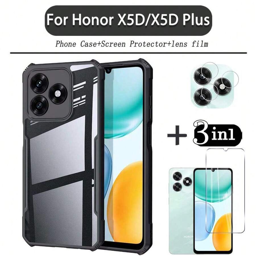 Capa de Telefone For Honor X5D Plus Resistente Acrílica Transparente à Prova de Choque, Película Protetora de Vidro Temperado para Tela + Película para Lente For Honor X5D - Preto - Visão 1