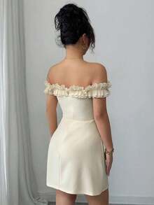 Vestido corto para mujer, color crema, hombros al descubierto con volantes, estilo elegante y romántico - Verde Oscuro 2 - Ver 7
