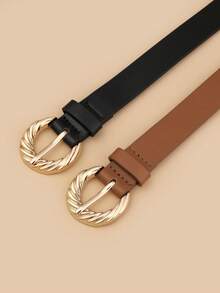 2 chiếc thắt lưng giả da khóa kim loại xoắn màu vàng dành cho nữ, kiểu dáng boho giản dị, màu đen và nâu, phù hợp với quần jeans và váy. - Khóa cài hoa văn - Xem 2