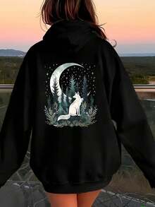 Forest Fairy Tale Style Moon Forest Print Hooded Sweatshirt - Black - View 6