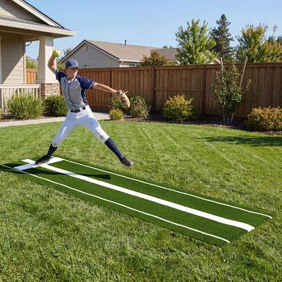  COSTWAY Softball Pitching Mat, 10 X 3 FT Softball Training Aid With Pitching Mound, Anti-Fade Turf And Anti-Slip Foam Backing For Indoor Outdoor Practice, Green/Red