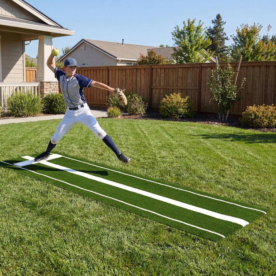 COSTWAY Softball Pitching Mat, 10 X 3 FT Softball Training Aid With Pitching Mound, Anti-Fade Turf And Anti-Slip Foam Backing For Indoor Outdoor Practice, Green/Red - Green - View 1