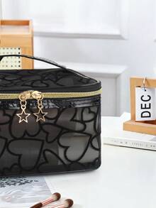 1pc Minimalist INS Sweet & Cool Black Heart Print Mesh Cosmetic Bag, Large Capacity Transparent Toiletry Bag, Travel Organizer Pouch With Star Zipper - Black - View 5