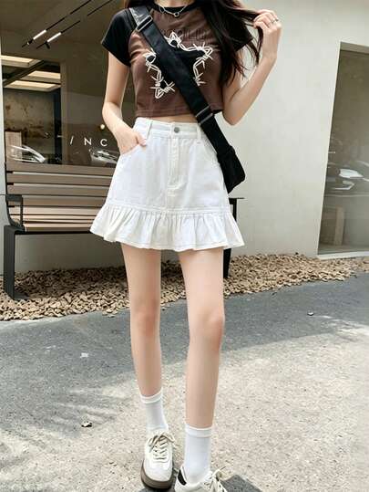 Chân váy denim ngắn xếp ly lưng thấp màu trơn thường ngày cho nữ, Xuân/Hè