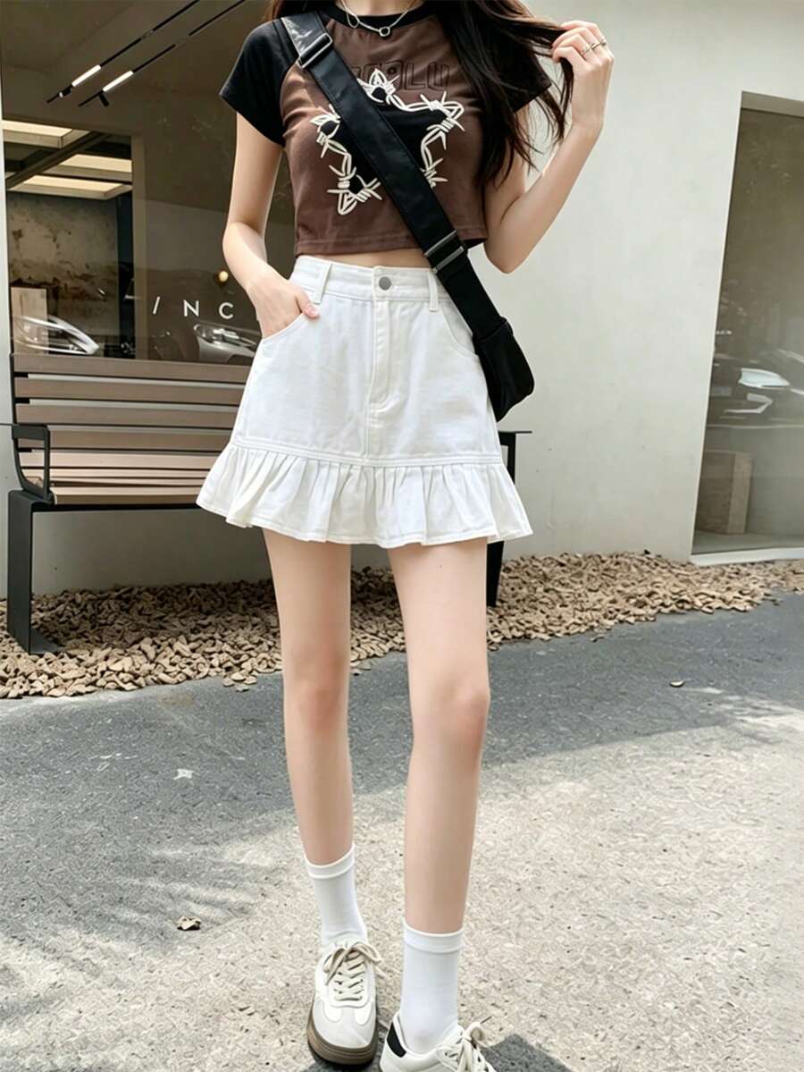 Chân váy ngắn xếp ly cạp thấp màu trơn dành cho nữ, chất liệu denim, thích hợp cho mùa xuân/hè. Màu trắng. - trắng - Xem 1