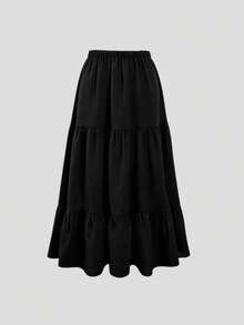 Falda elegante de primavera de unicolor hasta la pantorrilla, con cintura elástica y volantes en el bajo - Negro - Ver 4