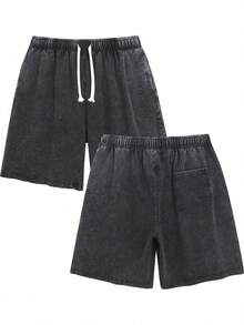 Set de 2 piezas Camiseta de manga corta negra lavada 100% algodón con estampado de cruz y rosa "Anti Social Club" vintage y pantalones cortos con cordón, adecuado para uso en verano, estilo urbano, conjunto de pantalones cortos y camiseta casual - Negro - Ver 4