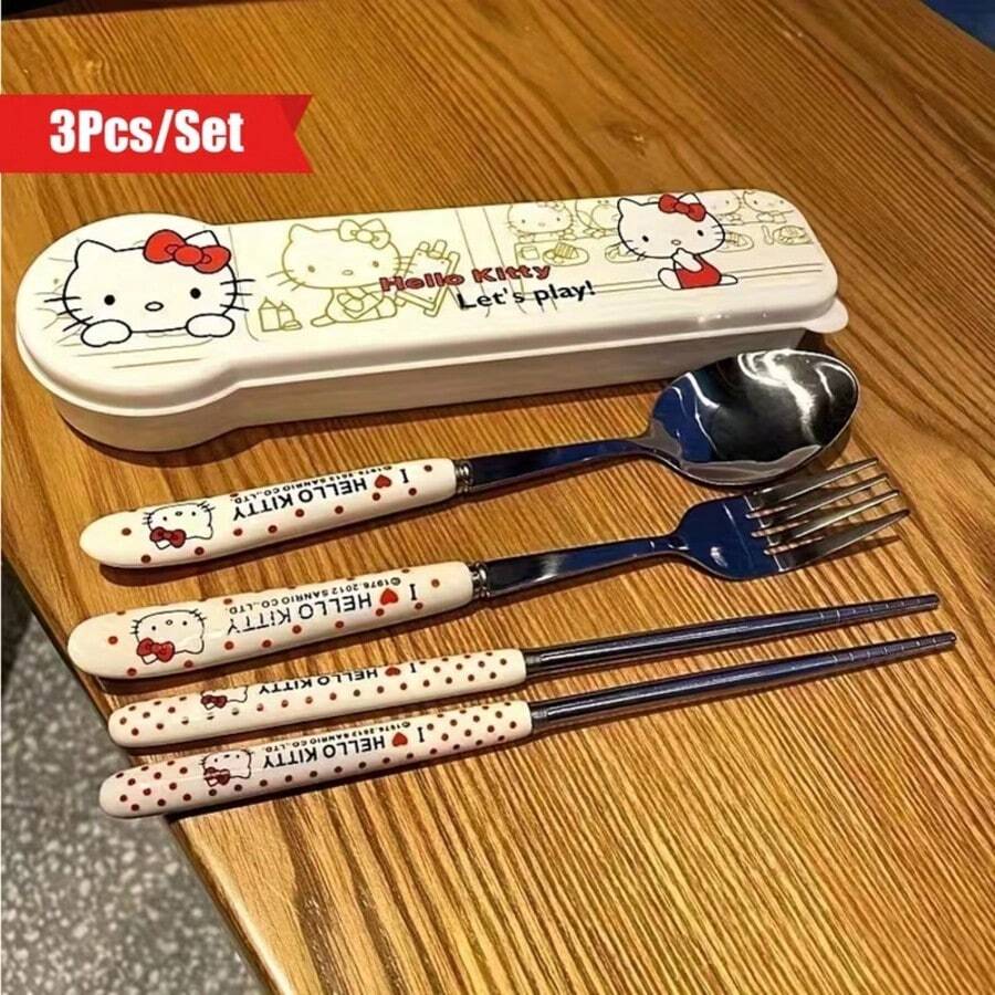 SANRIO (授權) 3件組不鏽鋼旅行餐具套組-便攜耐用防鏽設計,適合學校、辦公室與戶外使用 - 彩色 - 查看 1