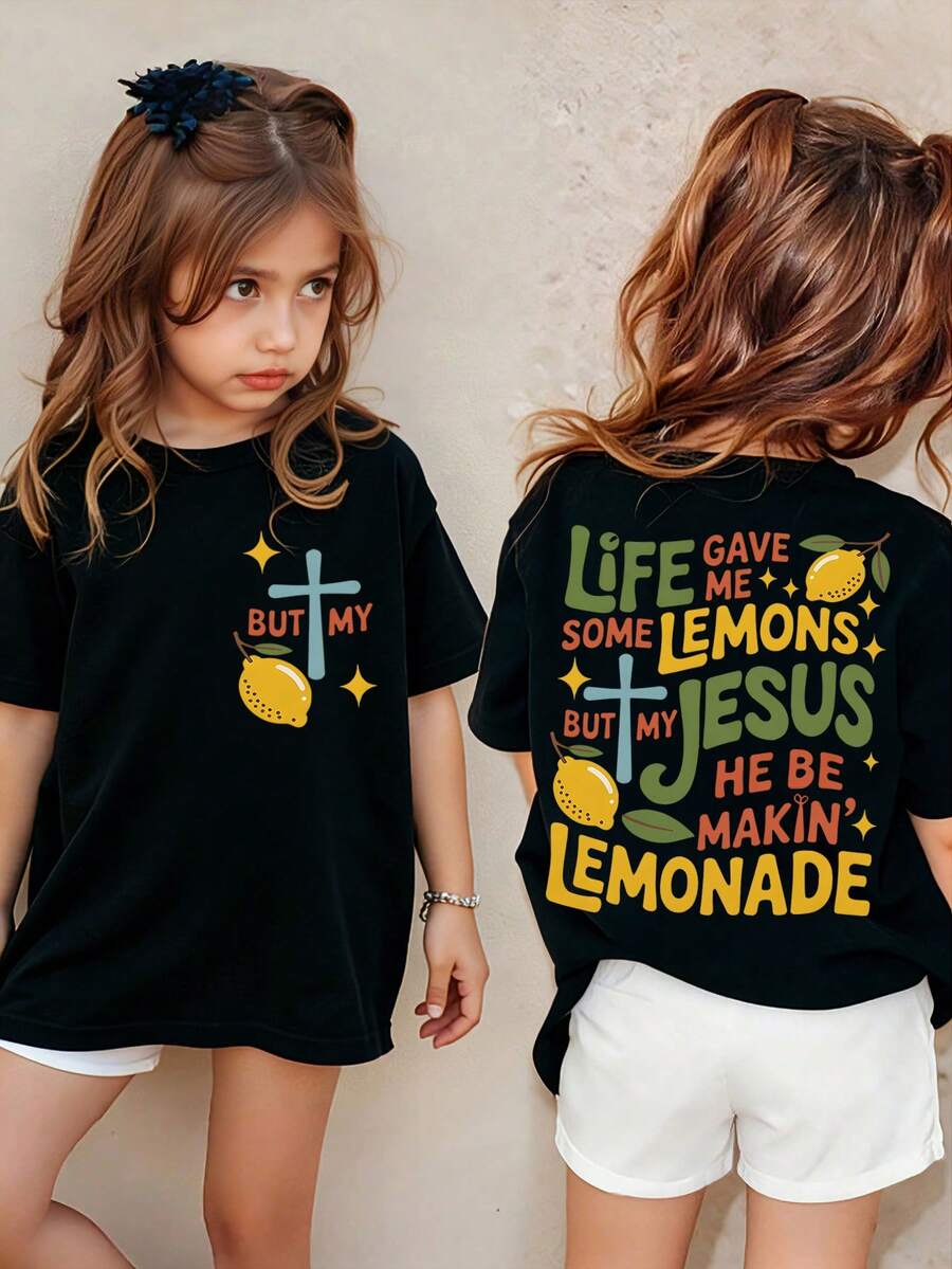 Round Neck Girls' Short Sleeve Tee With Letter Print. 180g Comfy Breathable Material For Spring & Summer. Ideal For Daily Wear, School, Sports, Partie - 黑色4 - 查看 1