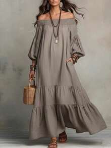Vestido simple y suelto sobre hombros de mujer de color sólido - Gris - Ver 3