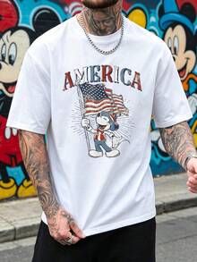 Men's Disney Mickey Mouse America Patriotic Vintage Graphic Crew Neck T-Shirt, Casual Short Sleeve Tee, USA Flag 4th Of July Print, Loose Fit Daily Wear Basic Top For Men - trắng - Xem 2